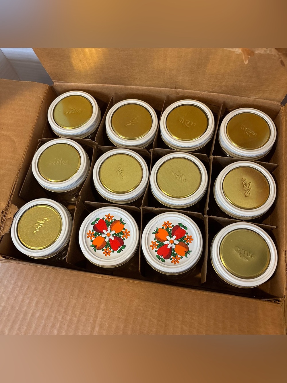 12 Vintage BALL Kerr Fruit Embossed Jelly Jars 8 oz Jam Mason Canning w/Lids
